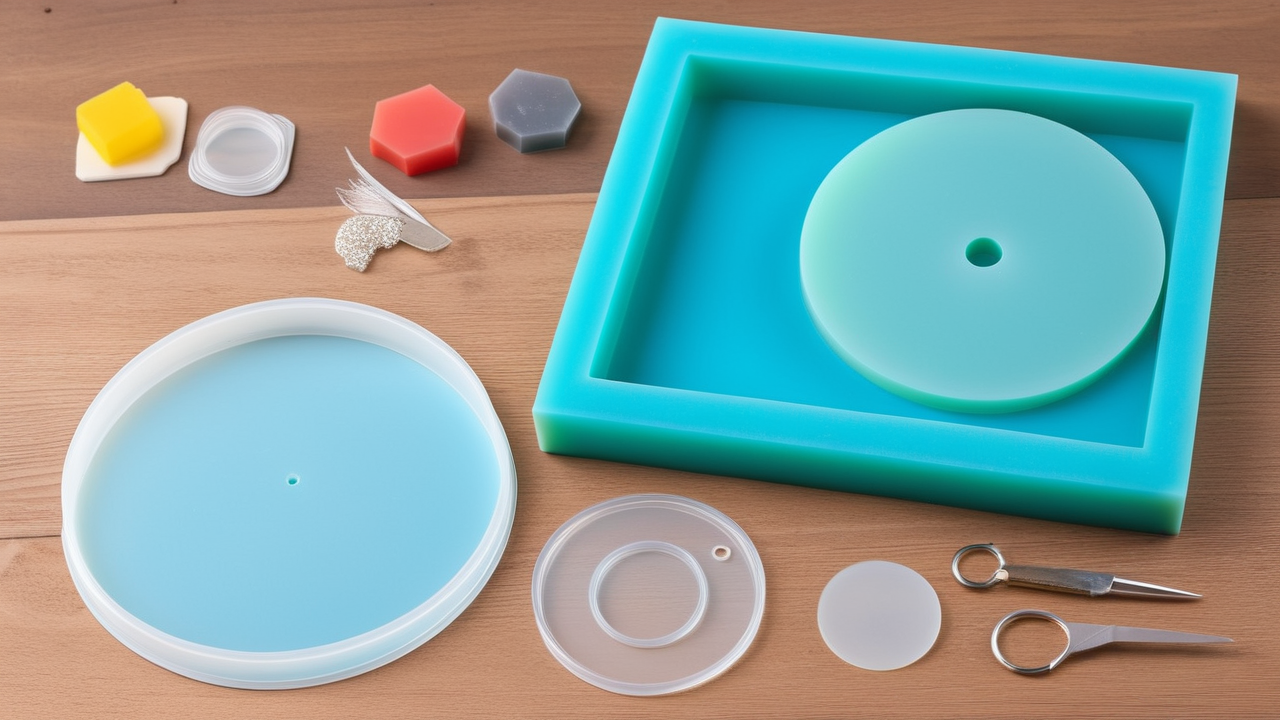 Colorful Resin Molds and Kits on Wooden Surface with Scissors
