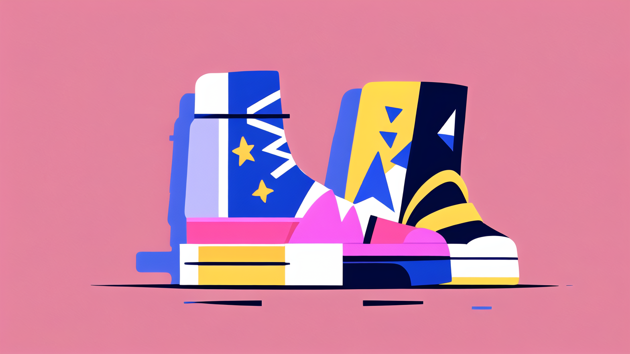 Triboots innovative shoes: blue star and black lightning design on pink background