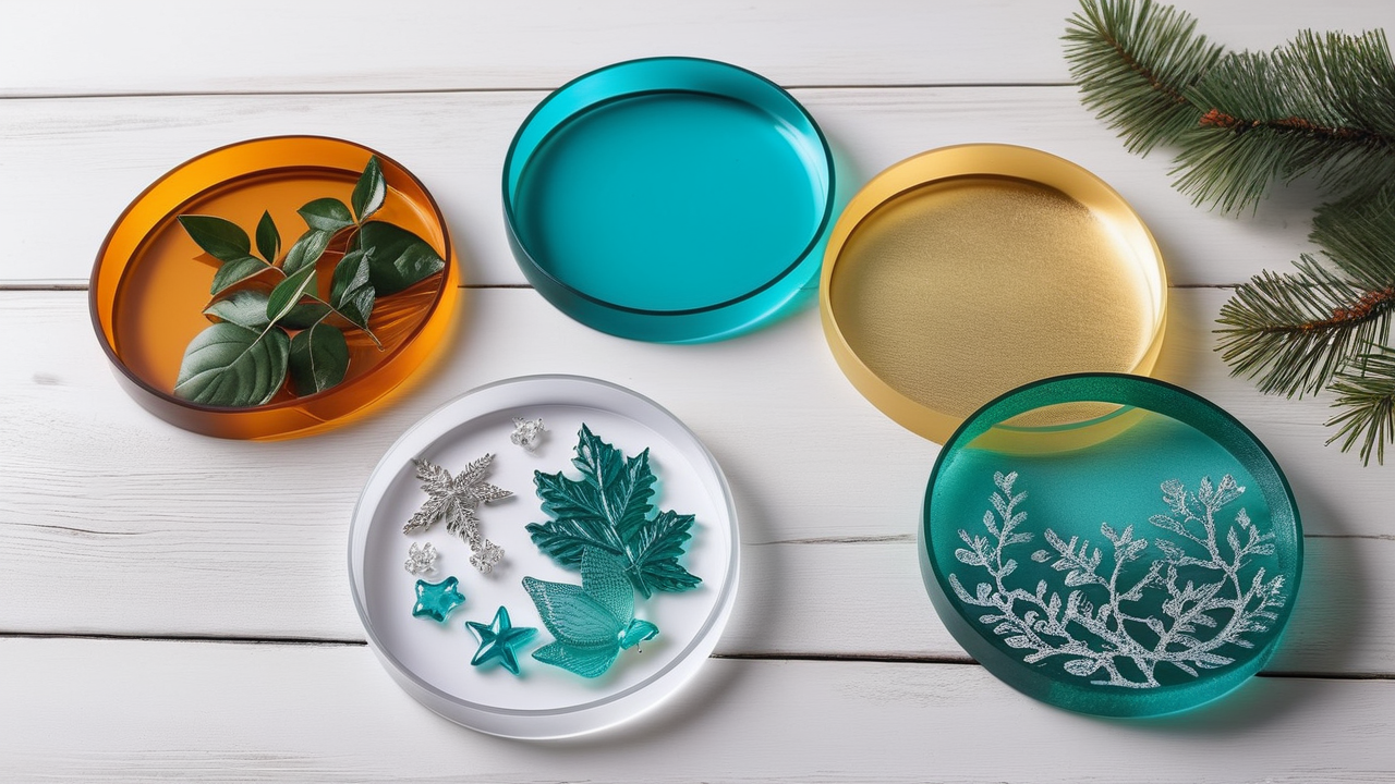resin ring mold, resin coaster molds: colorful plates with green leaf and silver starfish designs
