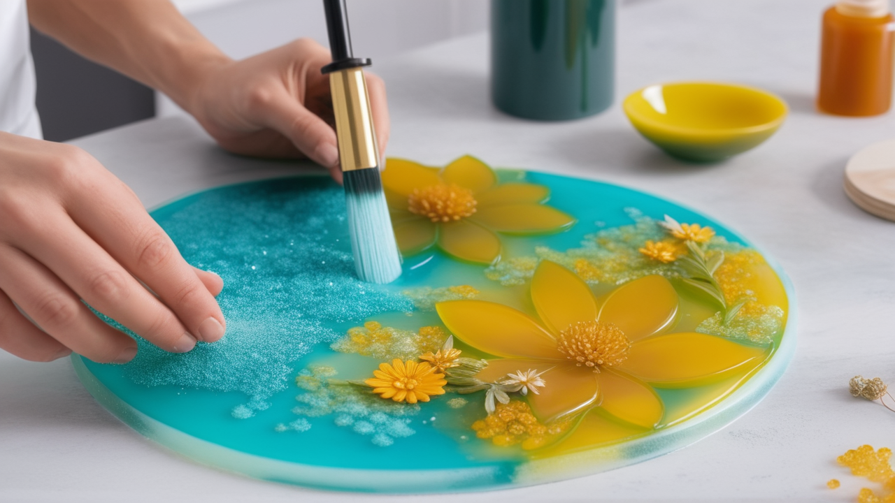 Person crafting resin art with epoxy resin and resin molds on white surface
