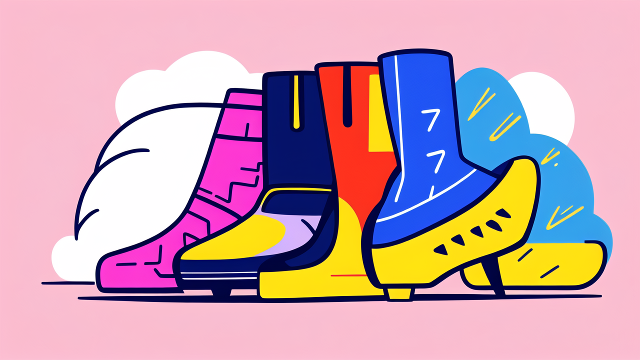 Colorful Tretboot-inspired Triboots with striking patterns on a pink background