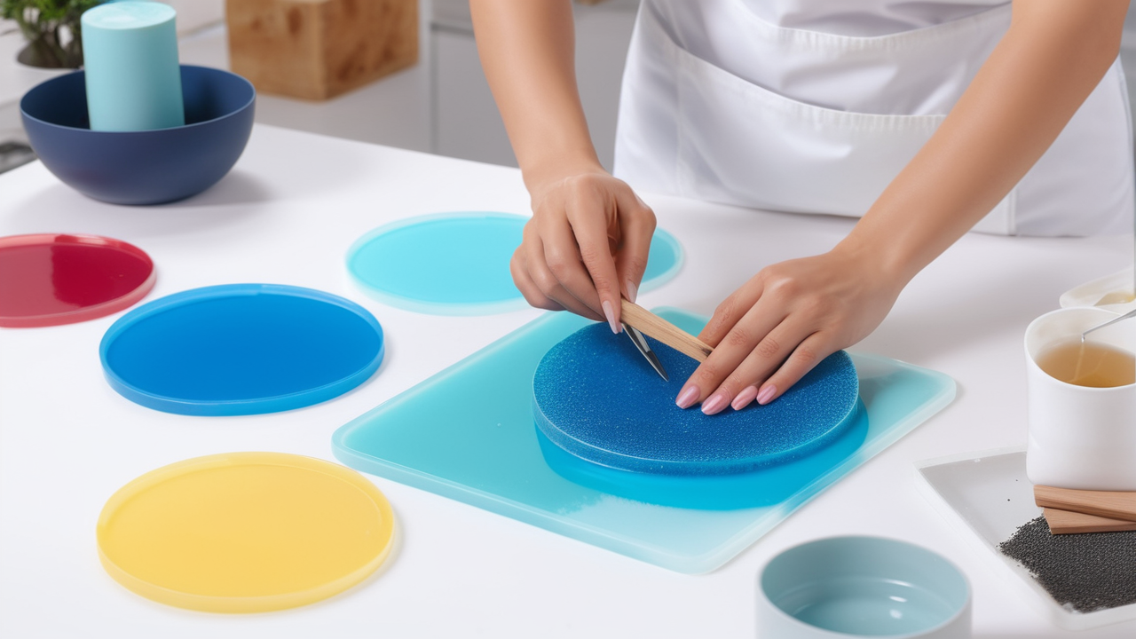 Resin molds coasters with leaf designs around a glass of orange juice on wood table