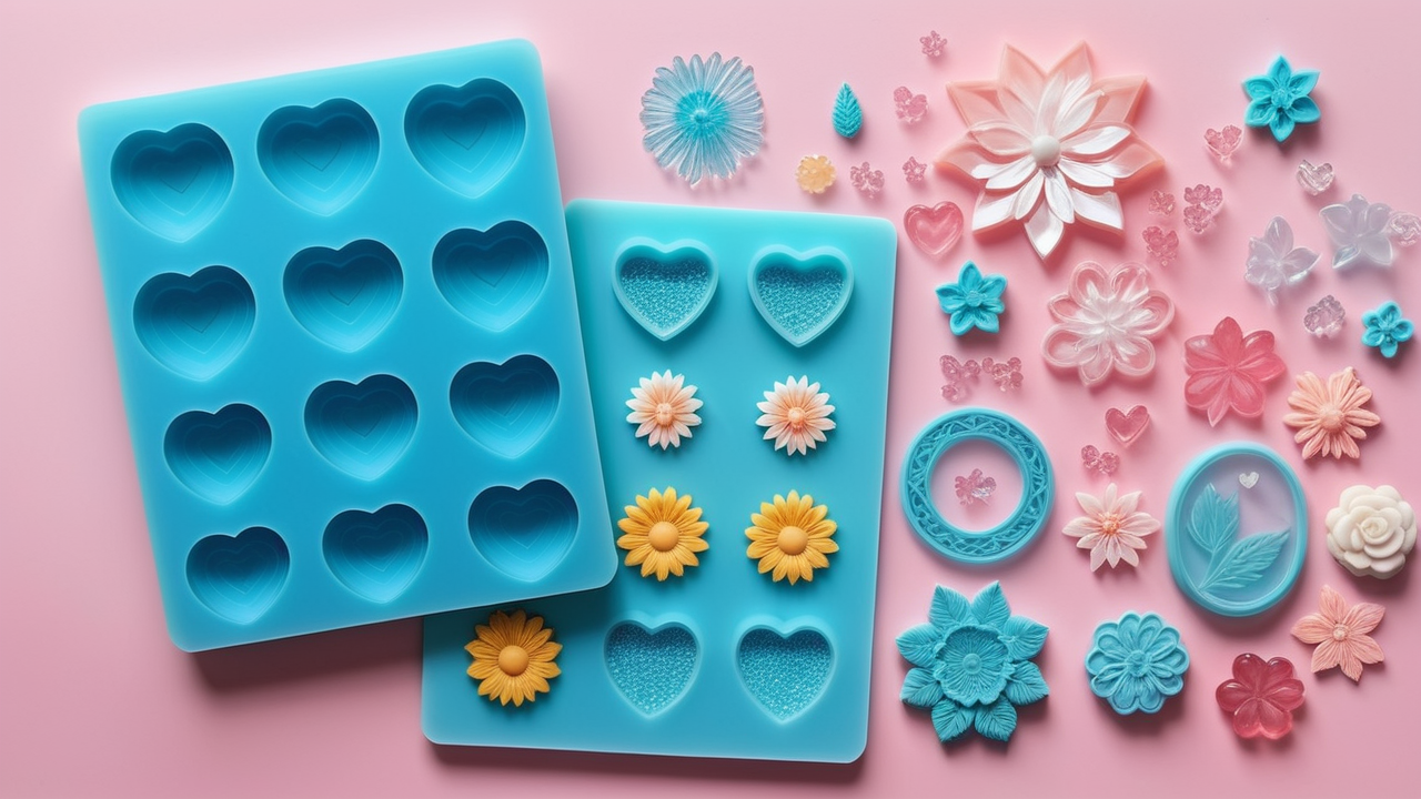 resin molds, Resin jewelry molds with heart, flower, leaf designs in blue, pink on pink background