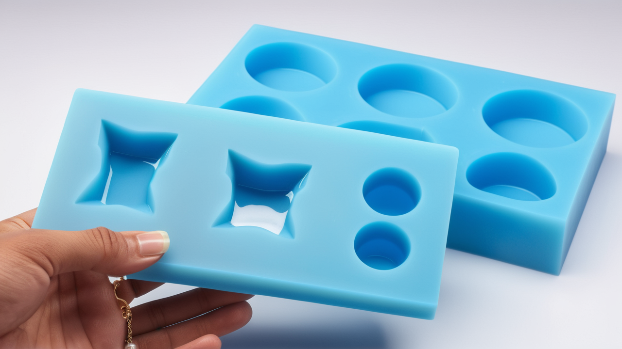Resin molds collection with vibrant geometric shapes, featuring resin jewelry elements.