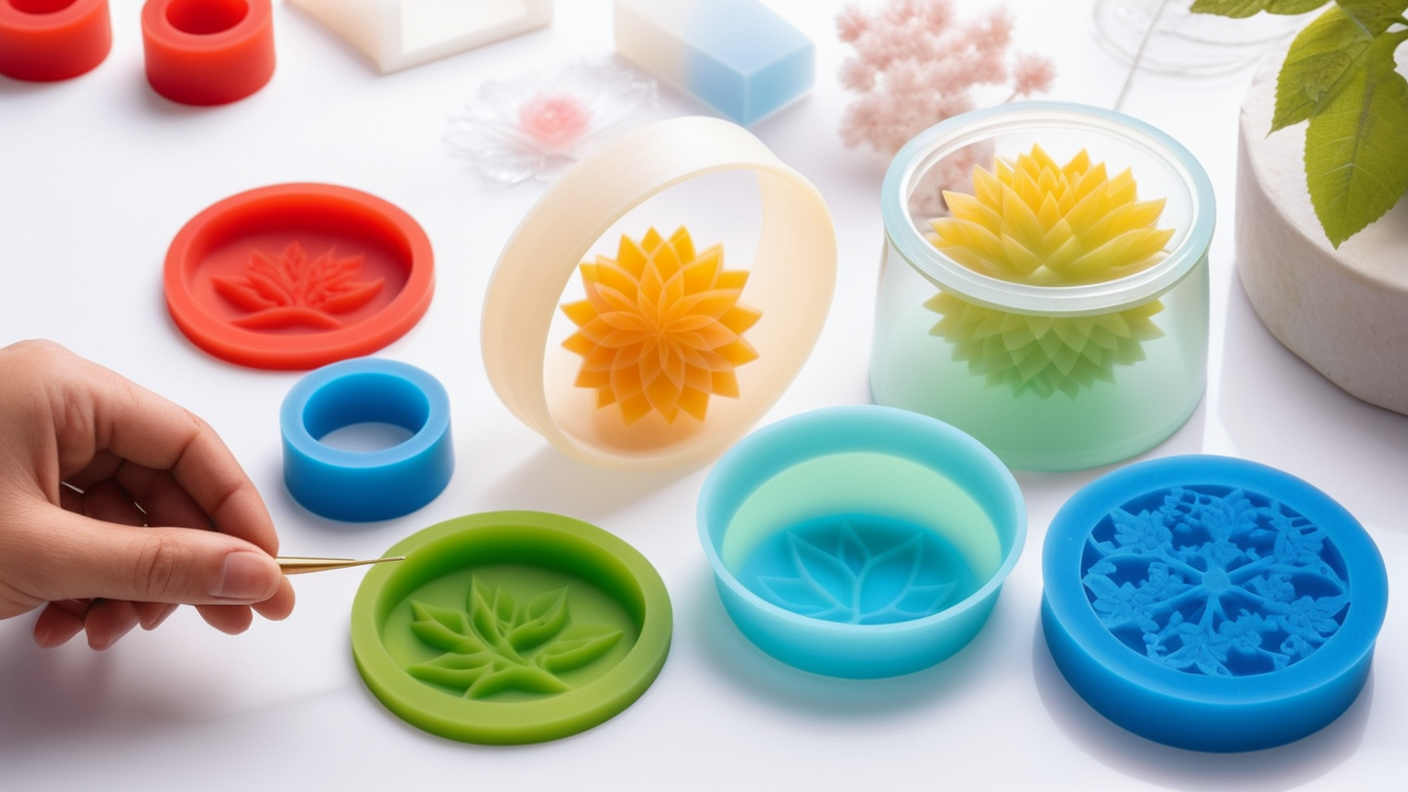 Resin Jewelry Kit with colorful, glittery bowls, cups, and cubes on white background