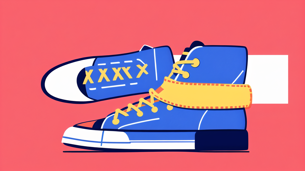 military bunny boots, Vibrant blue high-top sneakers with yellow laces against a bold red background