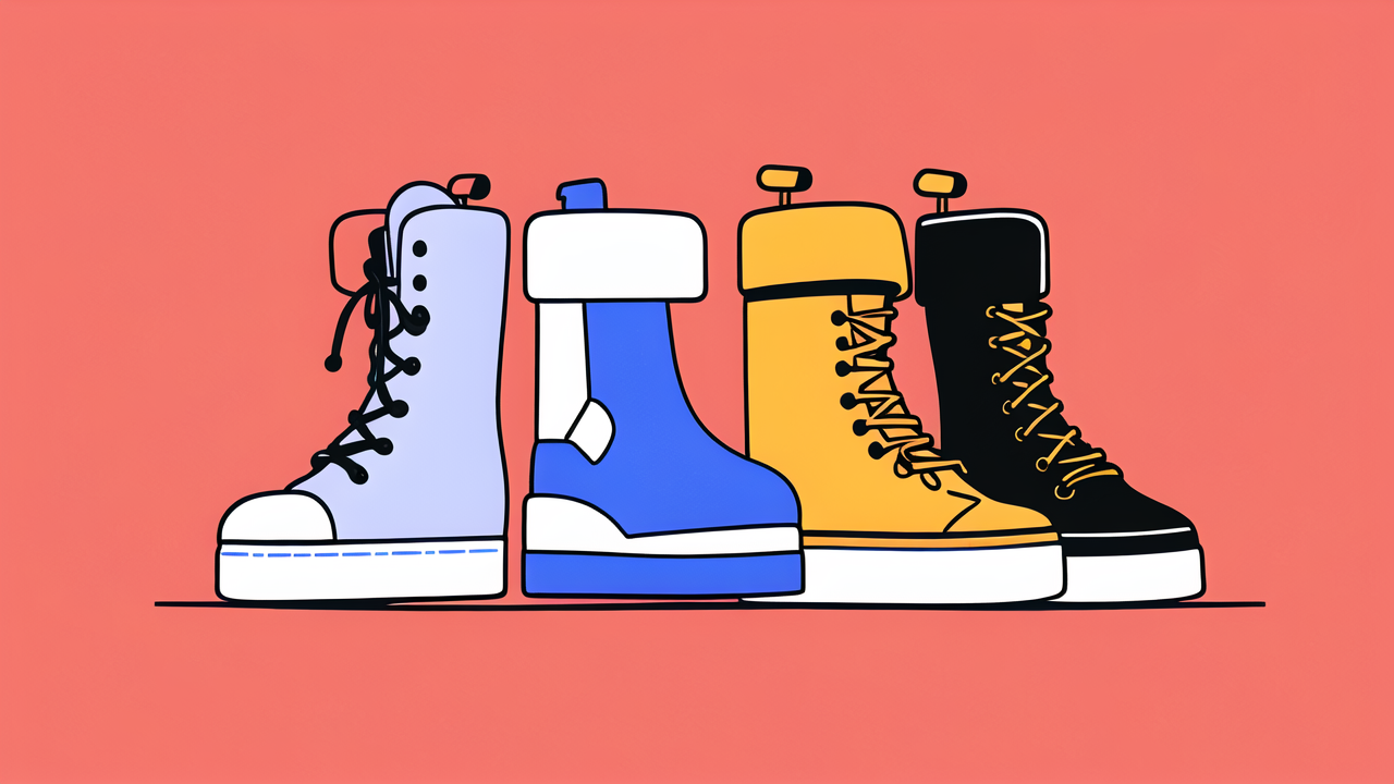 Tanner Boots collection on red background: light blue, bright blue, yellow, black.