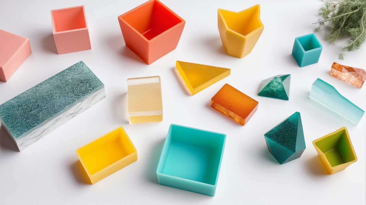 resin molds rings, Resin Shaker Molds with silicone soap molds, vibrant blue and teal hues, crafting scene.
