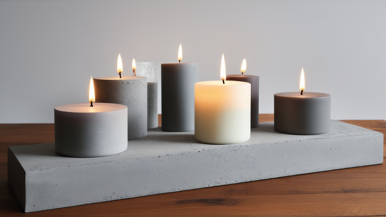 Candle molds and cement molds on gray platform with vibrant lit candles and leaf.
