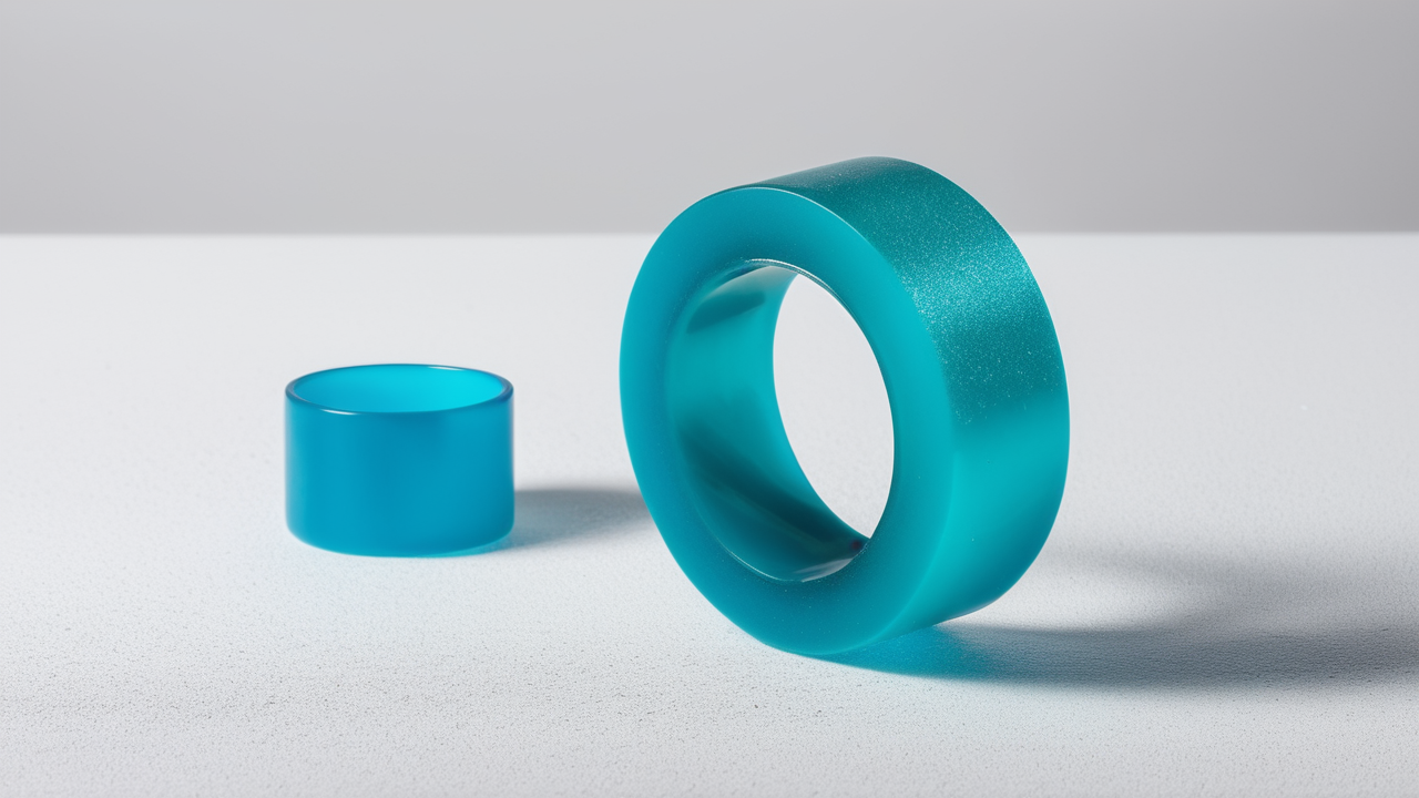 Ring holder resin mold with green-blue and orange-yellow designs on wood surface