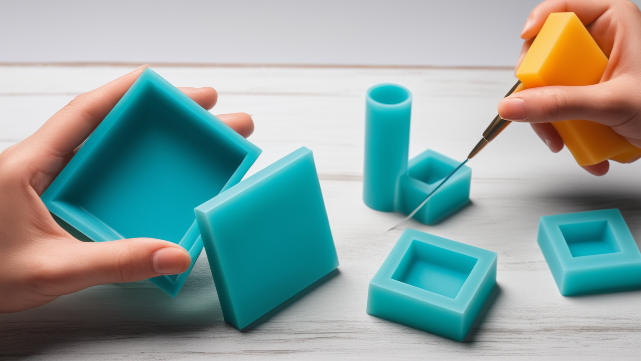 resin coaster molds, Hands crafting with resin molds and silicone, cutting geometric shapes in blue.
