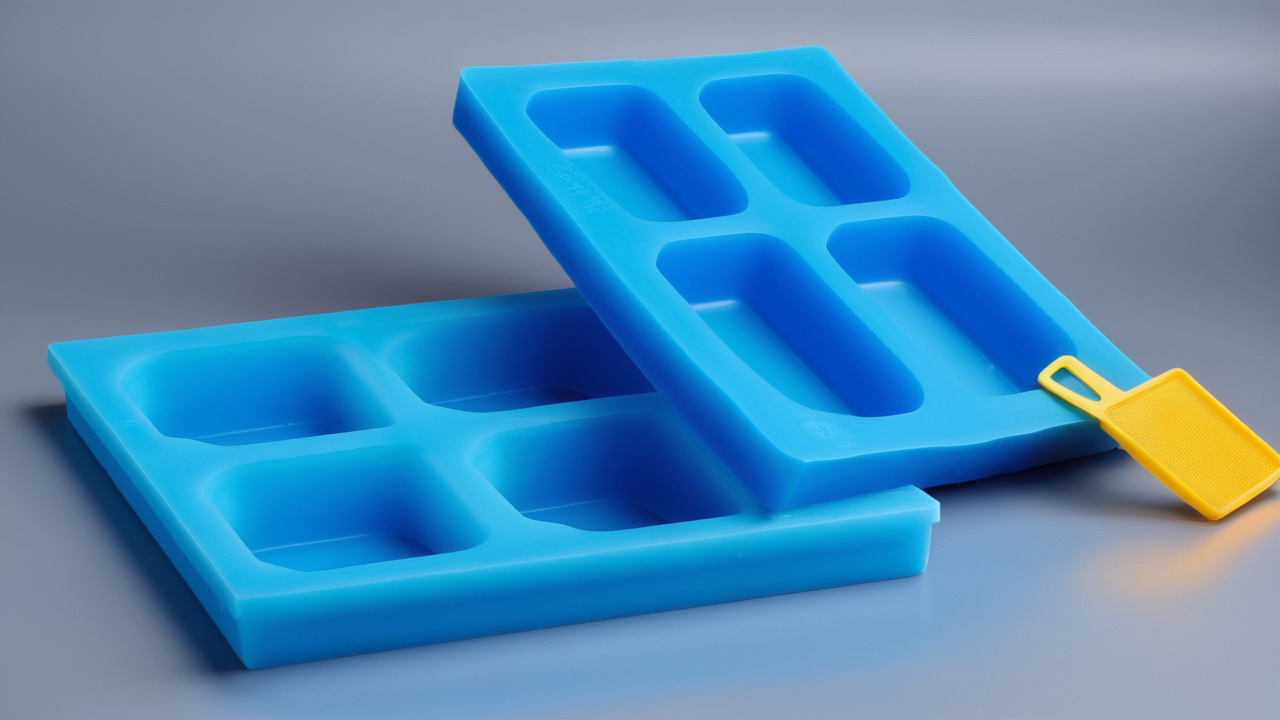 resin molds silicone, Blue silicone molds with yellow spatula on gray background in kitchen setting