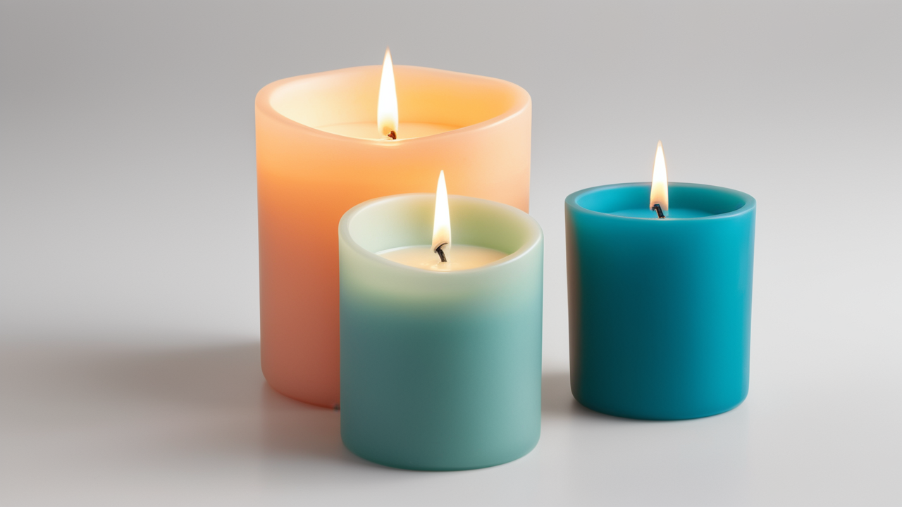 Concrete candle molds showcase vibrant orange, blue, green candles flickering softly.