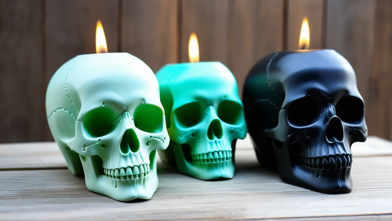 Trio of skull resin mold candles in green, turquoise, and black on wood surface