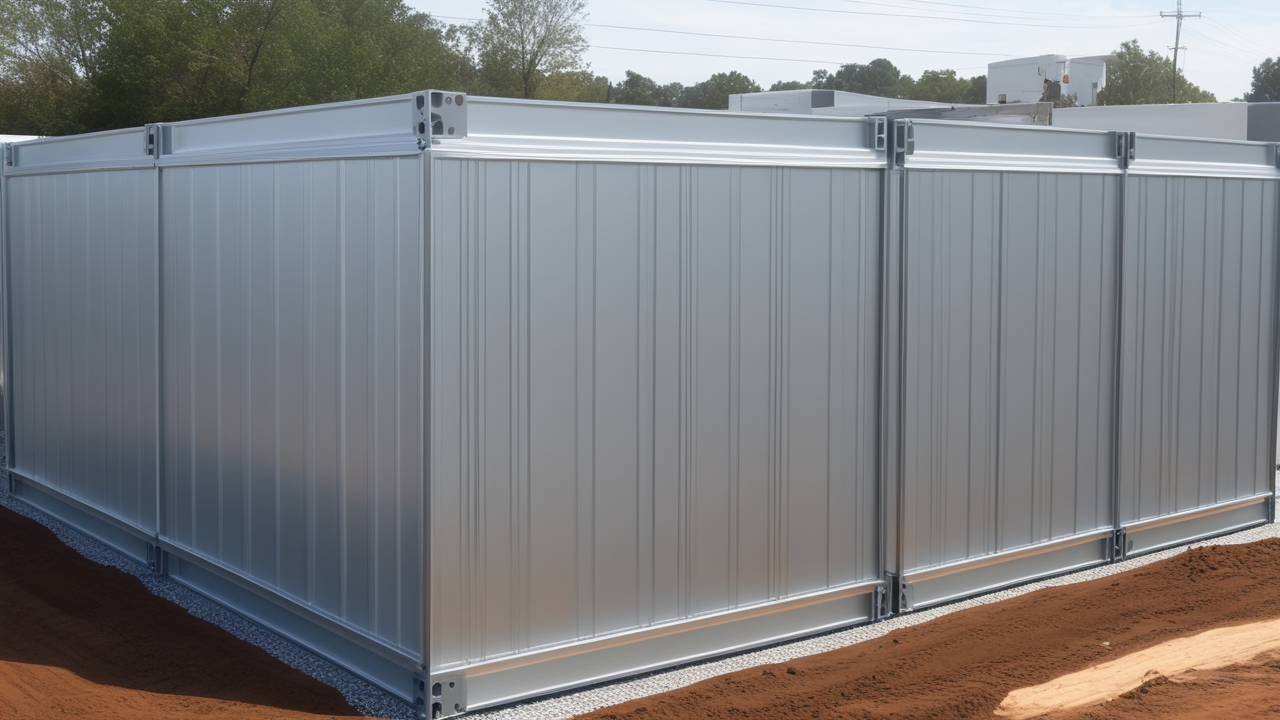 Large metallic modular structure with corrugated panels near Concrete Wall Molds.