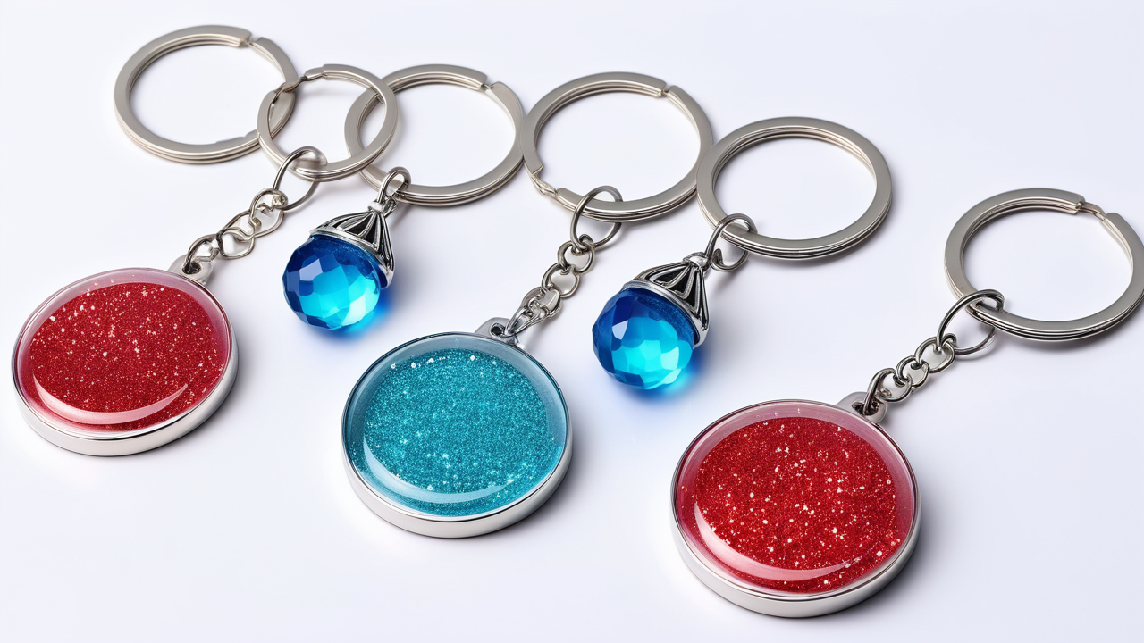 Resin Keychains with red and blue glittery surfaces, silver charms, on a white background