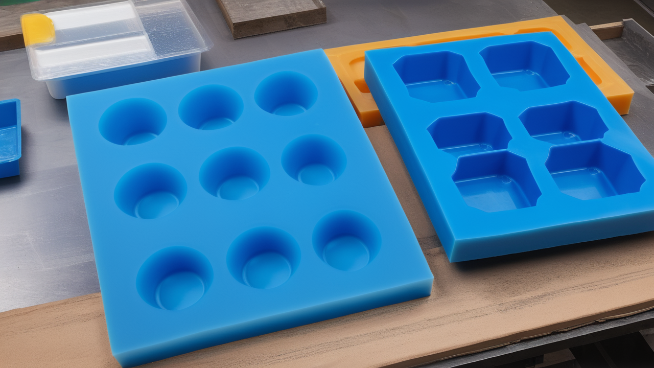 Hands crafting leaf design on blue silicone mold with gold paint, custom resin molds.