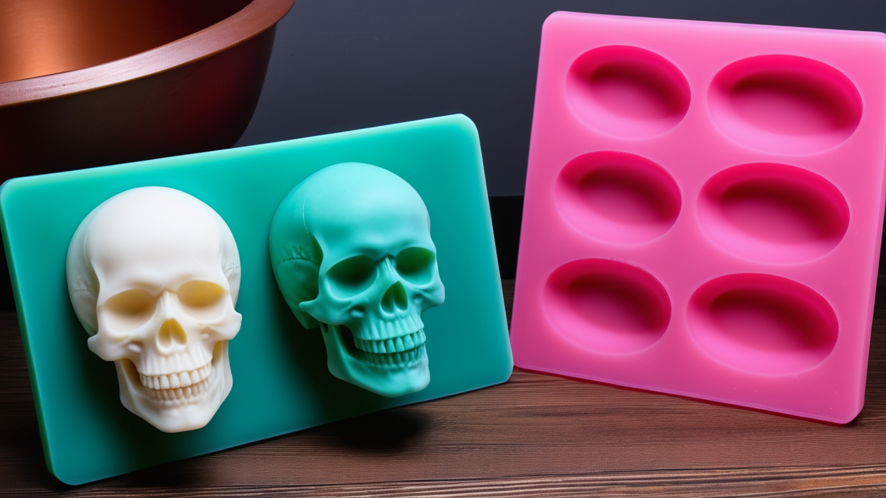 skull resin mold, Silicone skull molds display with a lit skull candle, green pumpkin, and silver skull