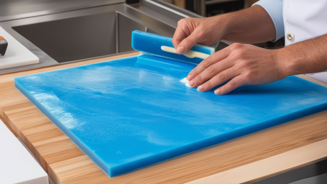 epoxy molds, Epoxy Cutting Board Molds with blue resin on modern kitchen counter with fruit and herbs