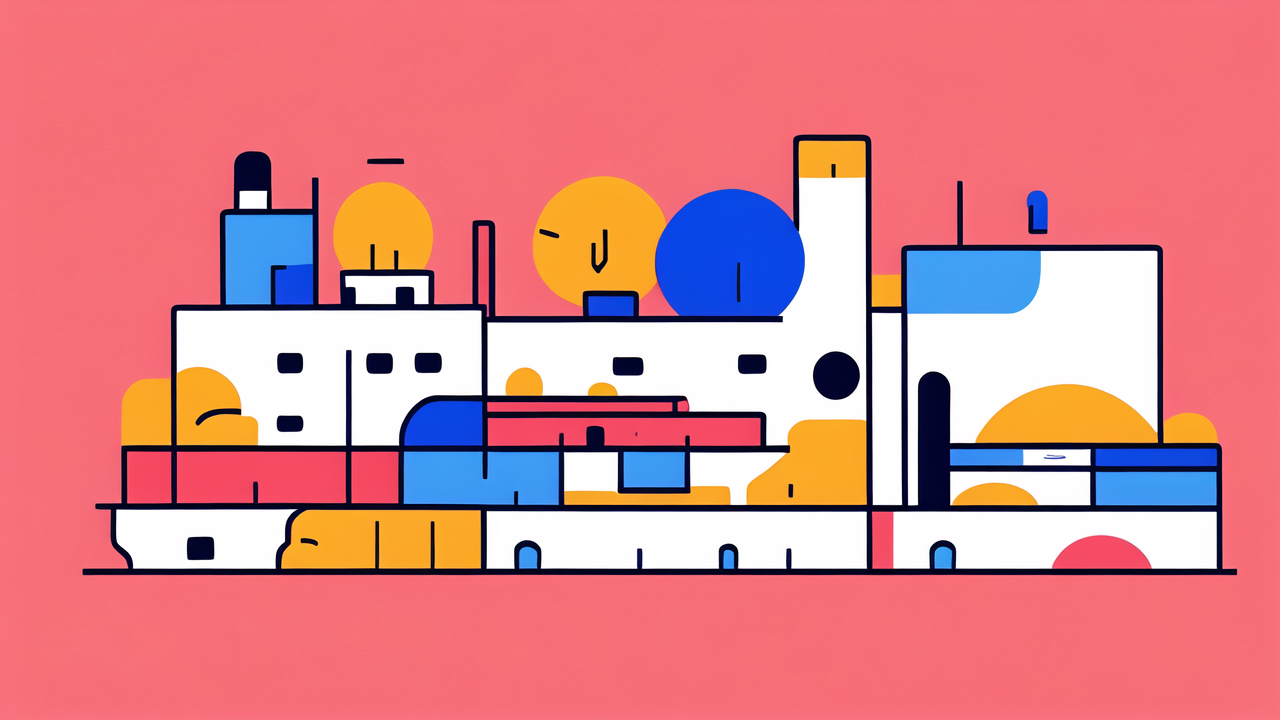 bobbies boots, BOBI Boots cityscape with geometric buildings in red, blue, yellow on pink backdrop