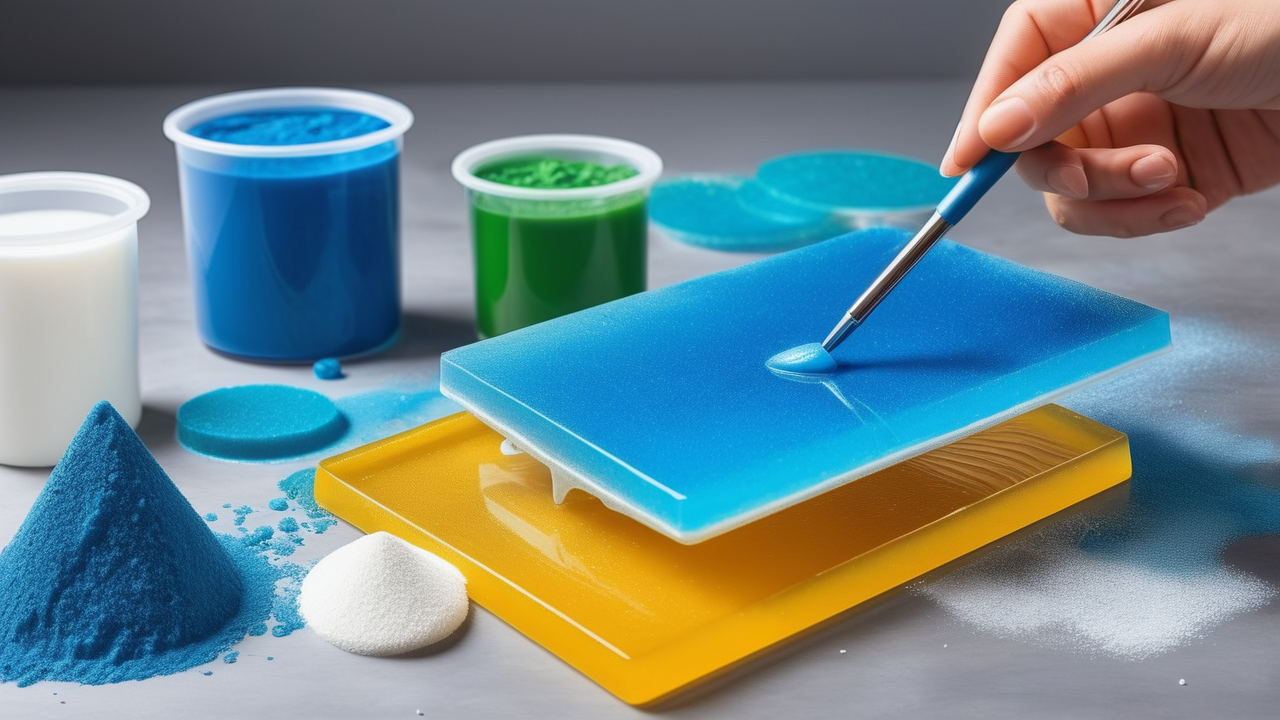 Resin starter kit with blue and white resin kits materials on wooden surface