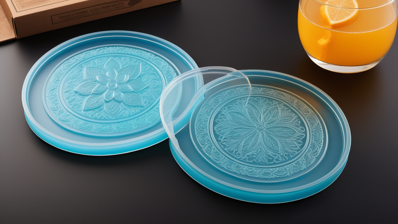 Cleaning a white bowl with a blue sponge on a green cutting board; resin coasters nearby