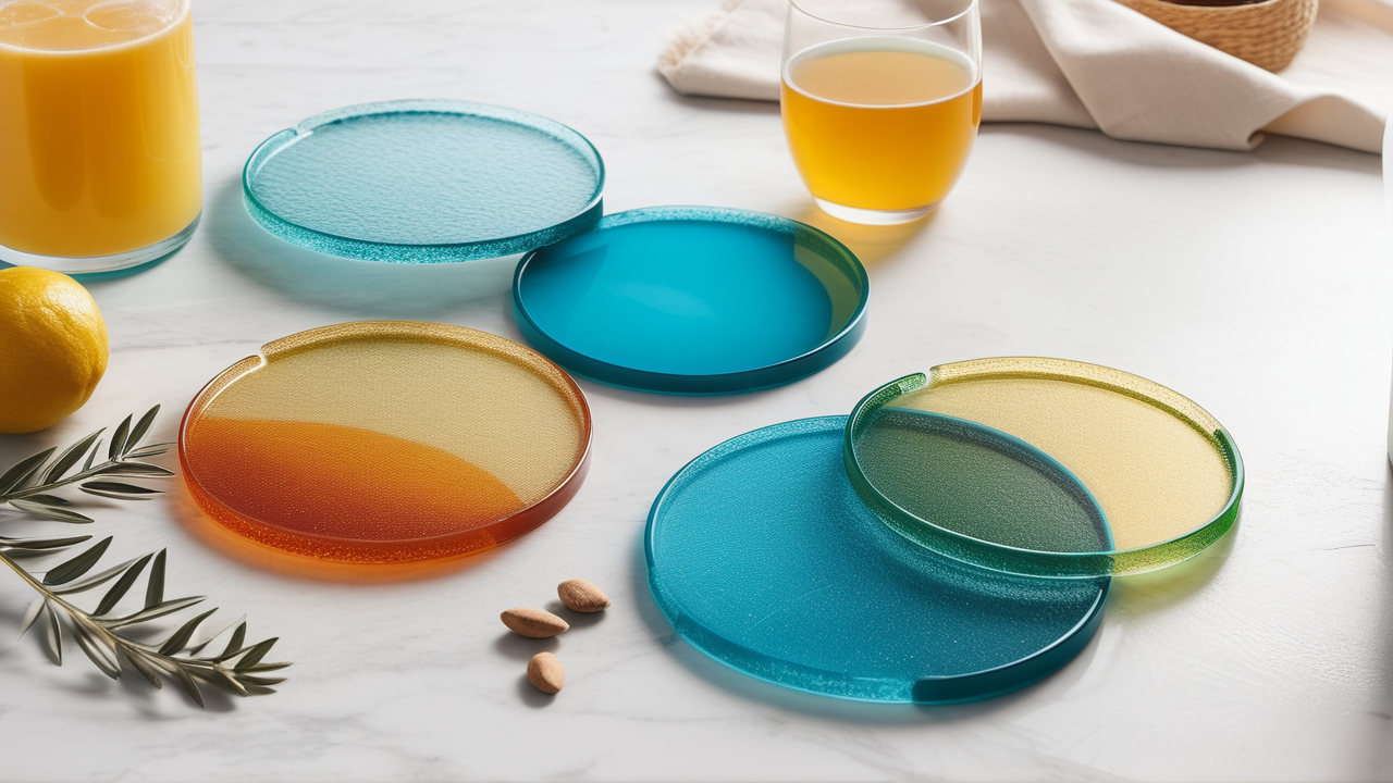 Colorful resin coaster molds and resin ring molds on a white marble countertop.